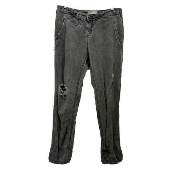 Free People Army Green Herringbone Distressed Relaxed Pants Size 4 - Picture 2 of 12
